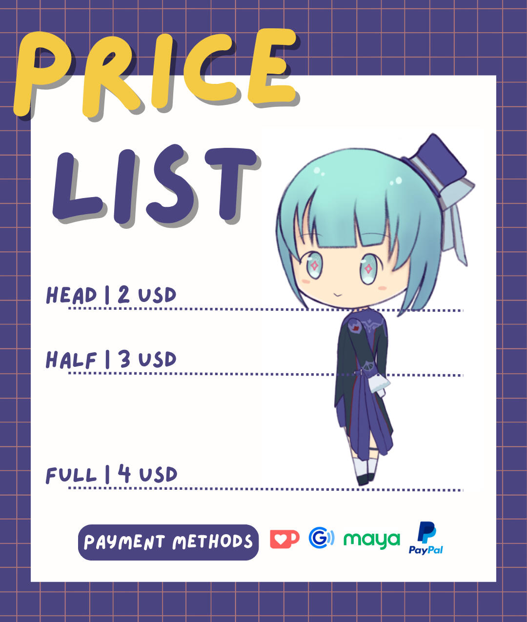 price list: for head 2usd half body 3 usd full 4 usd
