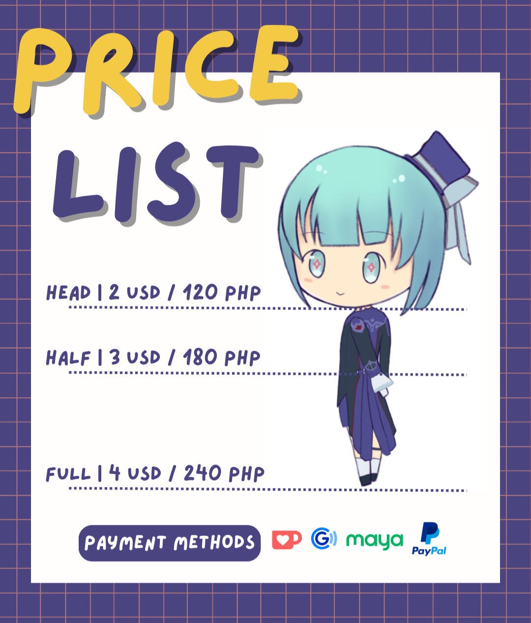price list price list: for head 2usd half body 3 usd full 4 usd